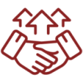 Red line icon of a handshake with upward arrows above, symbolising partnership, growth and collaboration