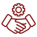 Red line icon of a handshake with a gear above, symbolising technical partnership, service support and operational collaboration