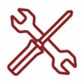 Red line icon of crossed spanners, representing tools, maintenance or technical services