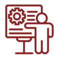 Red line icon of a person standing beside a presentation screen with a gear, representing technical training or system demonstrations