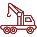 Red line icon of a mobile crane truck, representing lifting, transport or heavy equipment services